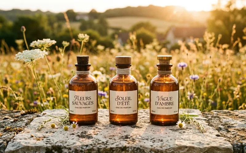 Three amber scent bottles in a midsummer meadow