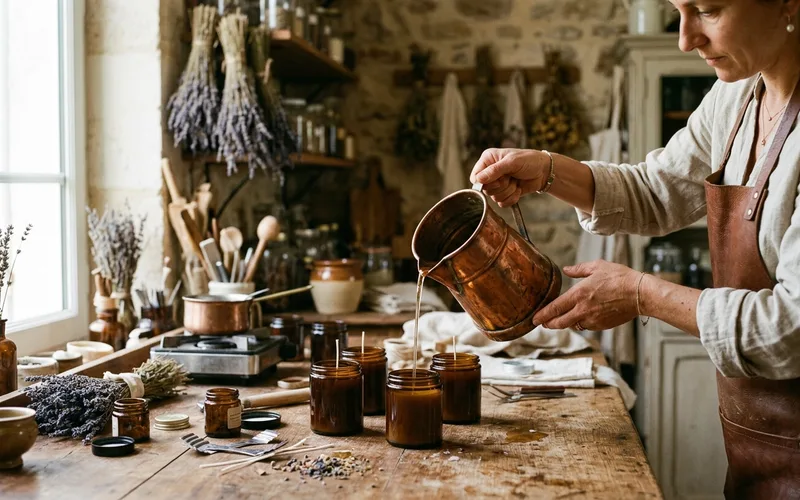 Hands pouring candle wax in an atelier